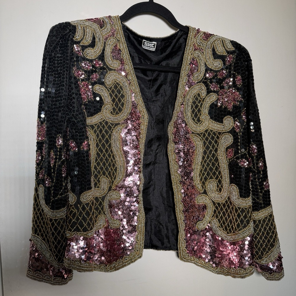 SKC VTG 100% Pure Silk Black Gold Pink Sequin Long Sleeve Open Jacket Womens S